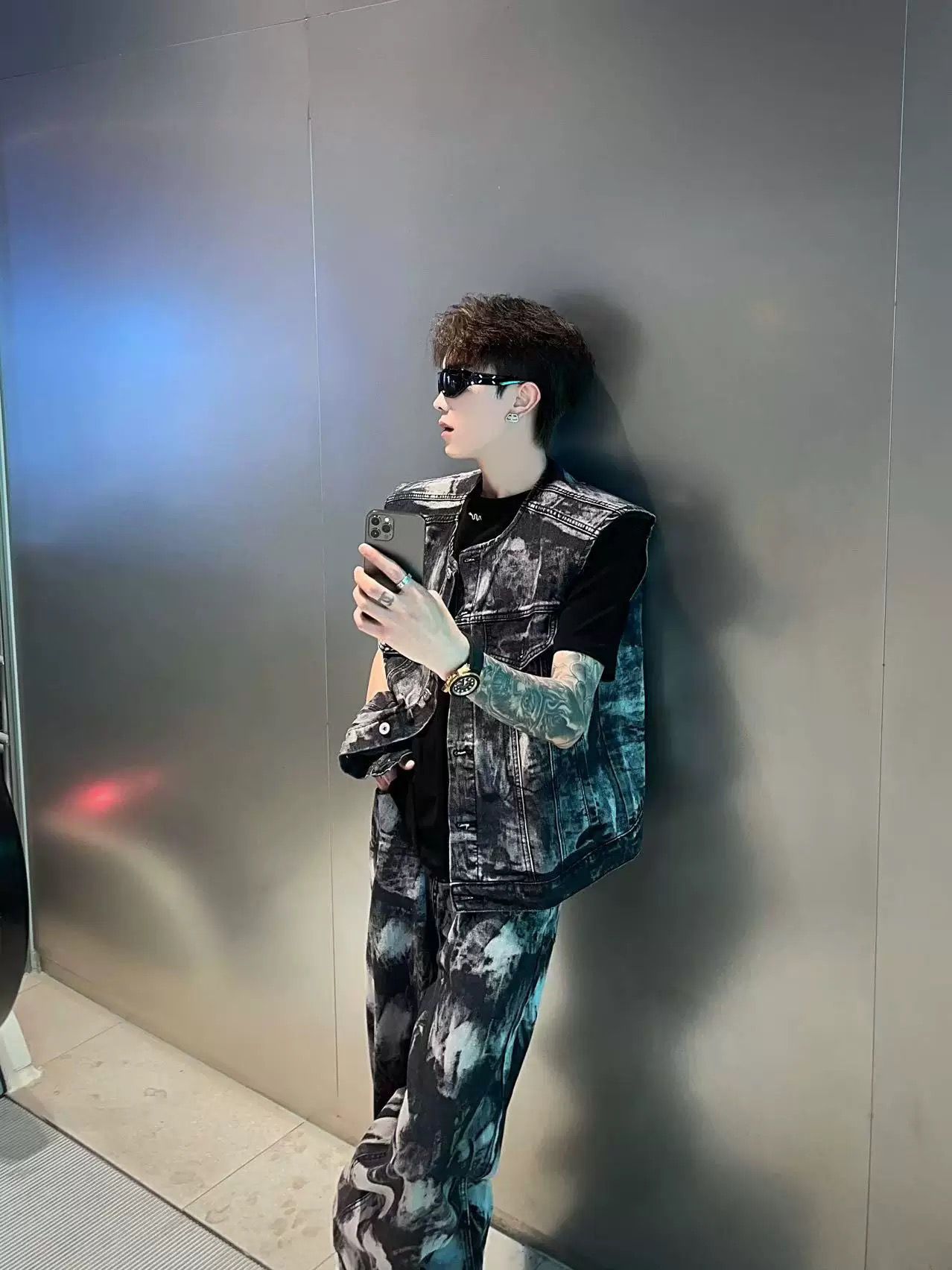 Herrenbekleidung Denim Nische Anzug Design Schulterpolster Weste Jacke Lose Gerade Jeans Zwei_voghion.com