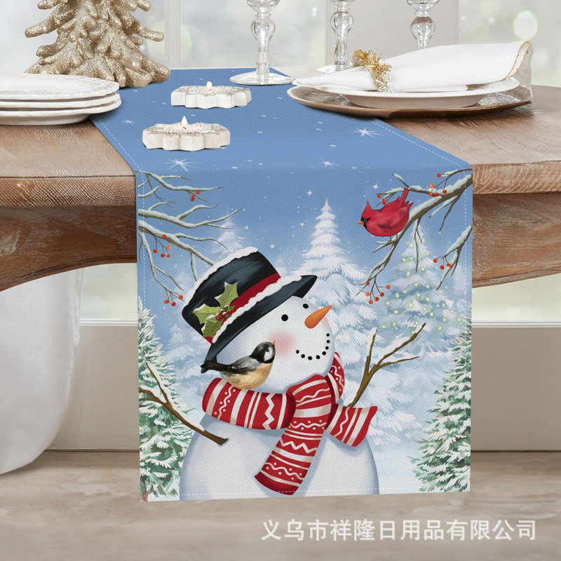 跨境爆款圣诞节桌旗厨房派对餐桌圣诞树花环雪人铃铛圣诞老人桌旗|undefined