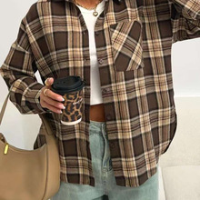 欧美女士格子衬衫2025新款春秋翻领宽松复古百搭设计感长袖外套