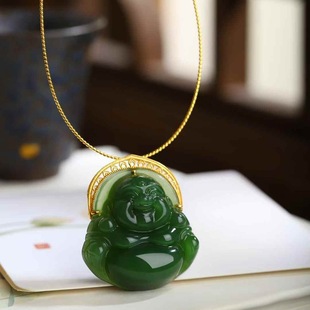Jade Crafts Natural Xinjiang Hetian Jade Russian Material Jasper Old Material Spinach Green Maitreya Buddha Pendant Buddha Female Model