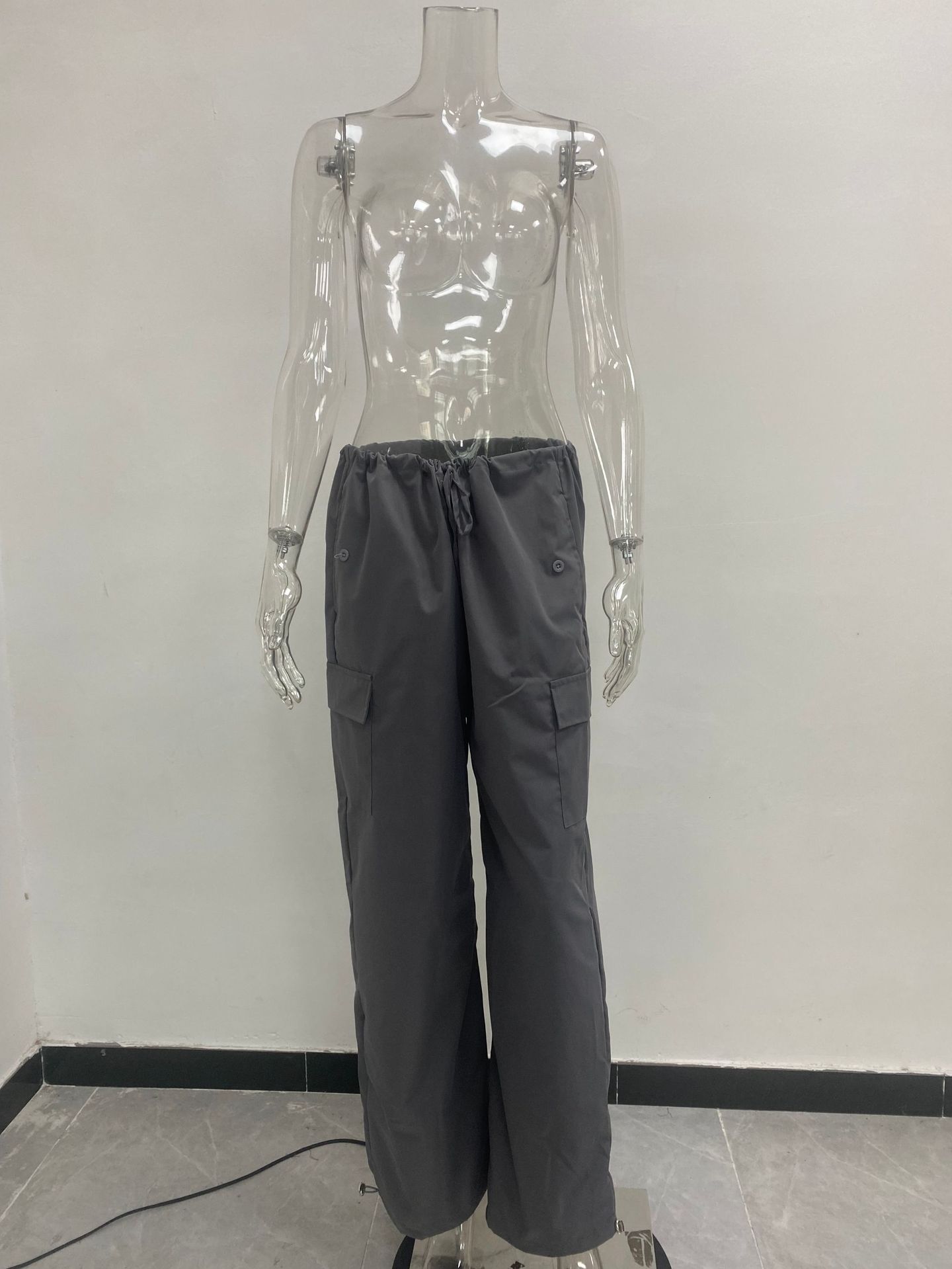 Pantalones de mujer a la moda con bolsillos con cordones pantalones de cintura baja monos sueltos_voghion.com