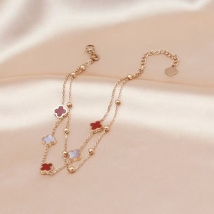 Light Luxury Fashion Double-Layer Four-Leaf Clover Anklet for Women Niche Design Forest Style High-End Internet Celebrity Temperament Versatile Anklet