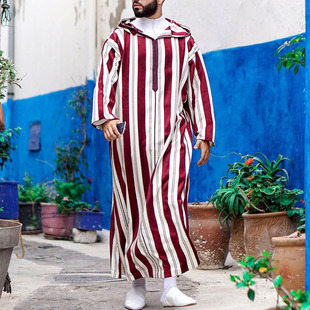2025 Ready-Made Casual Loose Thin Stripesd Red Lapel Four-Season Youth Muslim Shirt 1133979