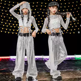 爵士舞女童服装酷帅女孩jazz街舞套装时髦女团连帽露脐上衣演出服