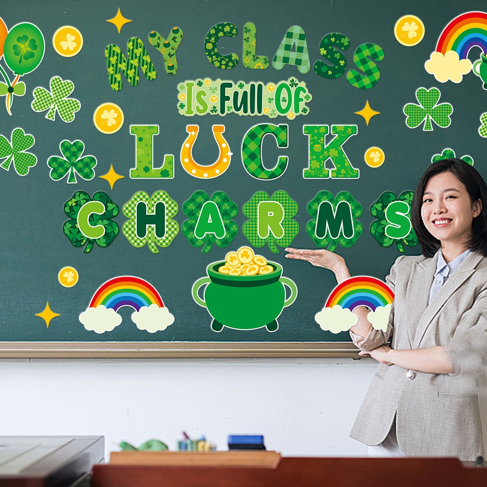 Nuevo día de San Patricio pizarra periódico parche de fiesta irlandesa sala de aula tablero de anuncios Lucky Clover parche