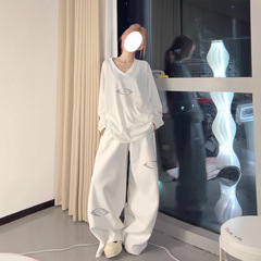 美式复古休闲运动套装宽松长袖V领卫衣系带长裤情侣春秋季两件套