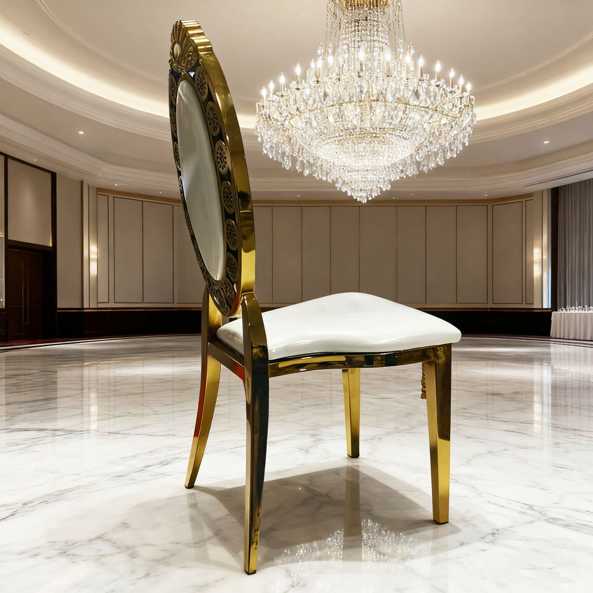Hotel de estilo europeo silla de banquete sala de bodas dorada silla de respaldo casa bolsa suave silla de comedor de lujo ligera silla de recepción