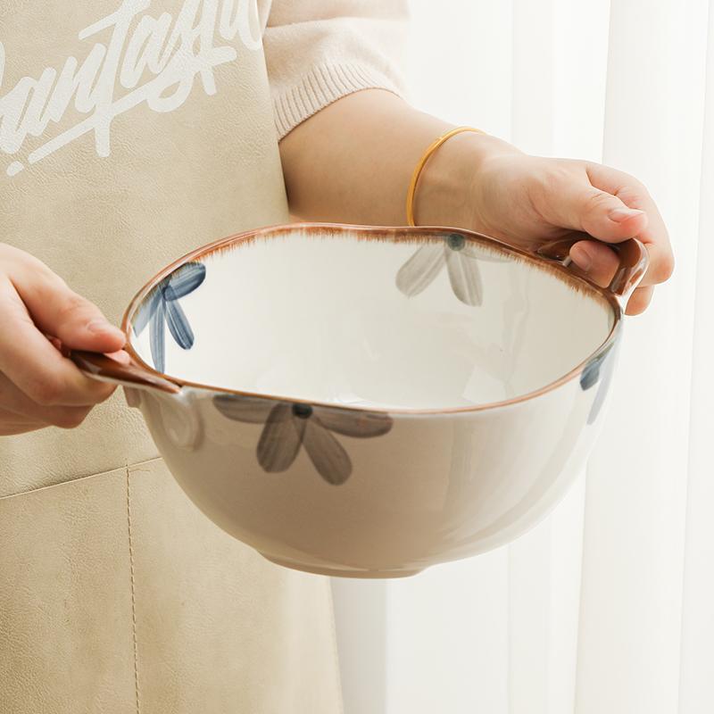 Black Blue Flower Double Ear Bowl Soup Bowl Retro Handle Ceramic Bowl Large Large Bowl Noodle Bowl Household Ramen Bowl Soup Basin