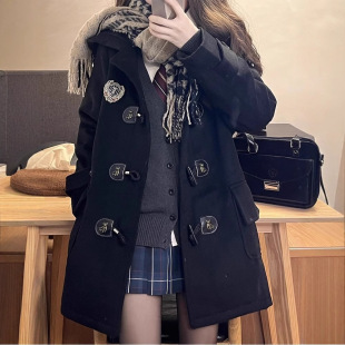 (450g) academic duffle coat coat autumn and winter black women's woolen jk uniform long coat