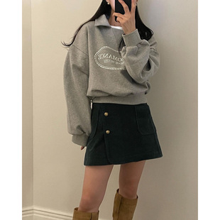 Chic Korean-style printed polo sweater