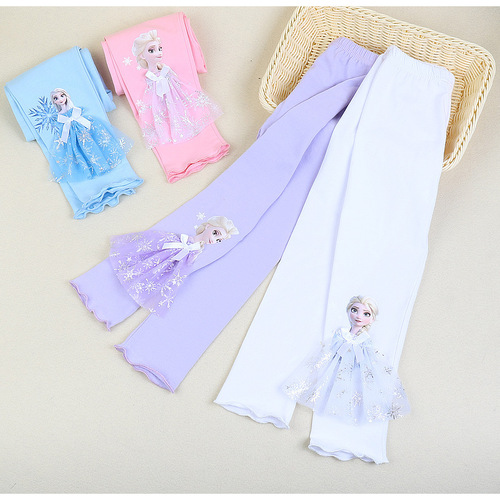 Princess Elsa girls' leggings 2024 Korean version children's pure cotton baby trousers summer thin outer wear trousers trendy