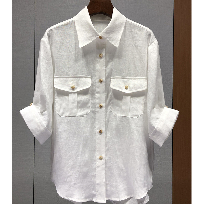 Korean-Style Minimalist Button-Up Shirt for Women, 2026 New Design, Niche Linen Cuffed Half-Sleeve Top, Trendy Korean-Style Minimalist Button-Up Shirt for Women, 2026 New Design, Niche Linen Cuffed Half-Sleeve Top, Trendy