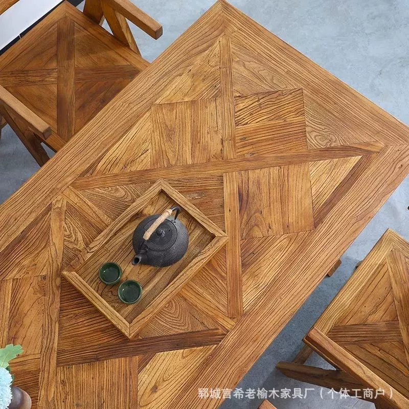 老榆木拼接花纹实木桌家居原木风餐桌办公室书房办公桌招待茶桌