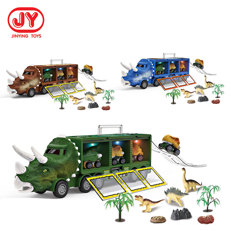 Suministro transfronterizo juguete modelo de coche de almacenamiento de dinosaurios para niños con almacenamiento de contenedores de música ligera modelo de dinosaurio pequeño