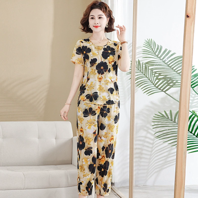 Весенне-осенний повседневный костюм для мамы среднего возраста, осень 2025, новый весенне-осенний повседневный комплект из двух предметов с принтом для женщин среднего и пожилого возраста