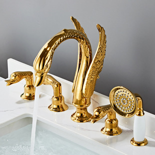 European-style Golden Swan Five-piece All-copper Bathtub Faucet Split Cold Tropical Shower Five-hole Edge Sitting Type
