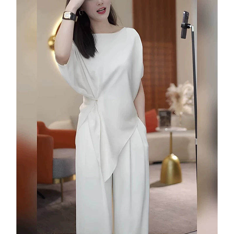 Пятно большого размера, модный элегантный отличный костюм для полных мм2025, новый летний топ, широкие брюки, комплект из двух предметов 2592