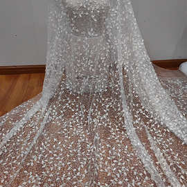 经典立体钉珠花叶款白色软蕾丝布料婚纱礼服面料装饰DIY服装辅料