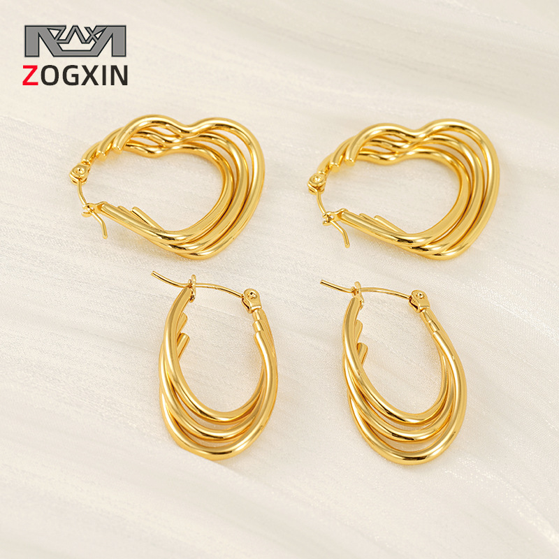 Pendientes de acero inoxidable dorado de 18k sin decoloración Pendientes de acero inoxidable de línea multicapa en forma de corazón Pendientes de hebilla ovalada mujer