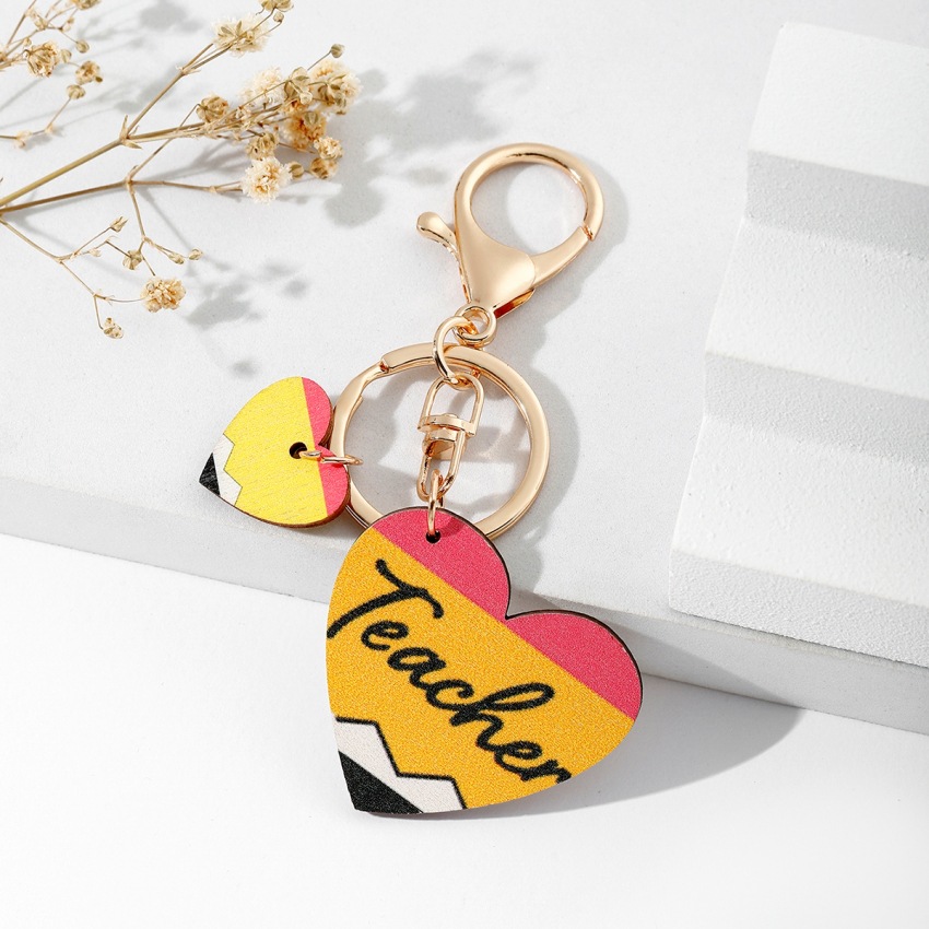 Wood Material Modern Style Letter Heart Shape Apple Wood Teachers' Day Unisex Keychain