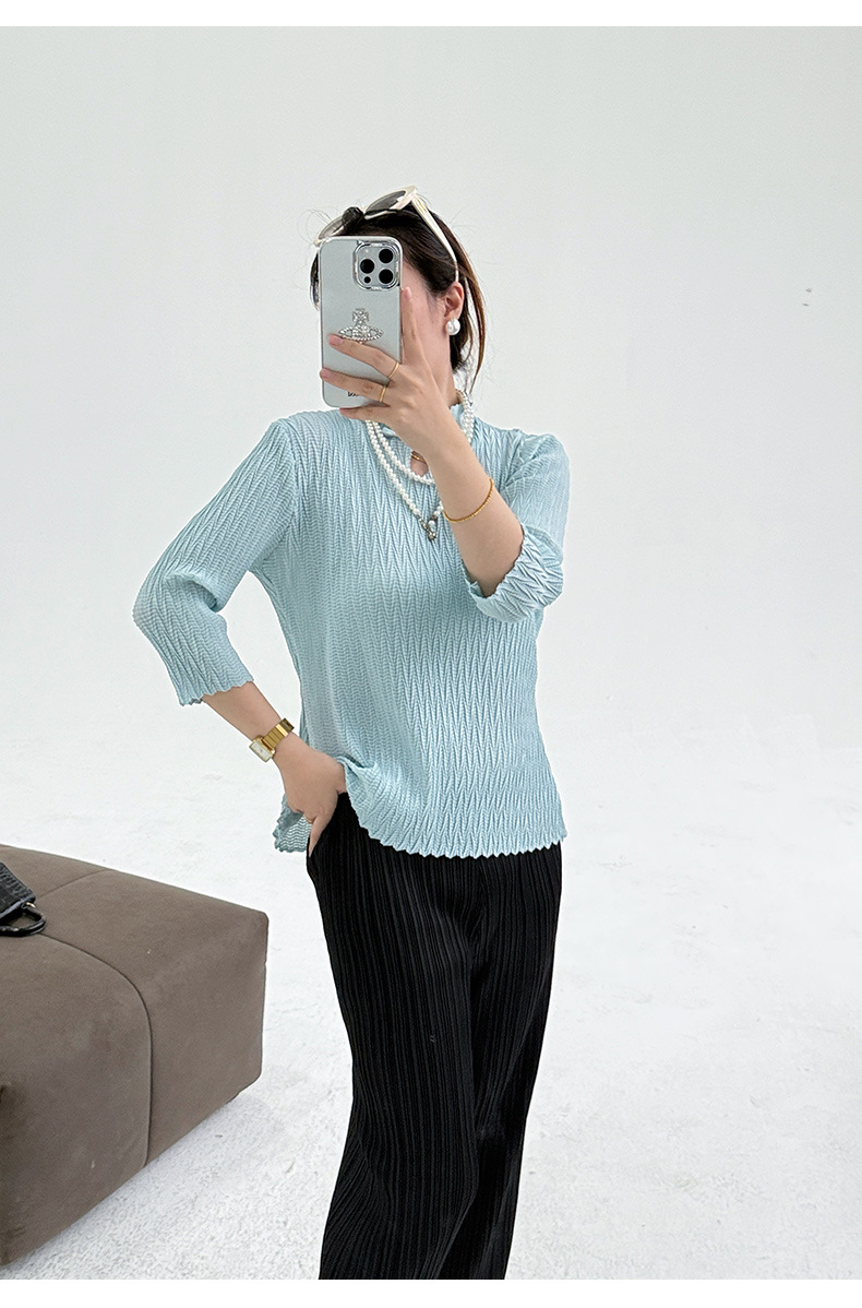 Áo sơ mi nữ cổ đứng cài nút kiểu Trung Quốc tay dài — Màu xanh lam nhạt chi tiết 11