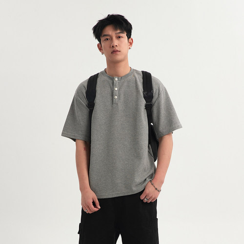 Summer Men's T-Shirt 250g Trendy Brand Fashion Loose Henley Collar Casual Short-Sleeve T-Shirt for Men