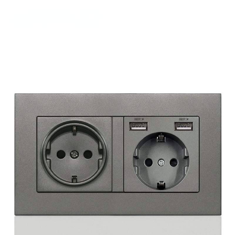 Dual European socket panel 16A, dual USB charging, multiple finishes (German/French, glass/metal)