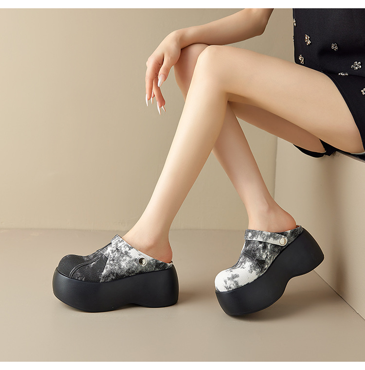 Dép cao gót platform đế dày 8 cm phong cách Trung Hoa, mũi kín, xỏ lười, hai kiểu mặc — màu xanh nhạt chi tiết 5