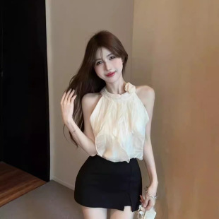 Sweet French Style Gentle Style Three-dimensional Flower Halter Camisole Women's Chic Niche Shoulder Pure Desire Sleeveless Top