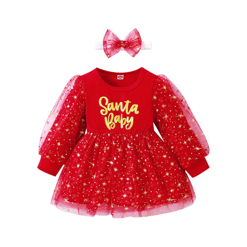 European and American girls hit Christmas English bronzing letter print mesh bubble sleeve dress