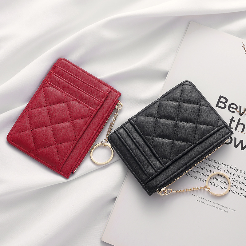 Versión coreana del monedero rombo simple, bolso creativo con cadena con cremallera, bolso de moneda portátil ultrafino, bolso de identificación de múltiples tarjetas