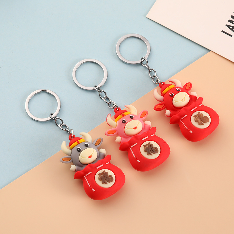 2021 lucky Blessing bag Key buckle Year of the Ox automobile Pendants Cartoon red Cow Pendant Wholesale gift