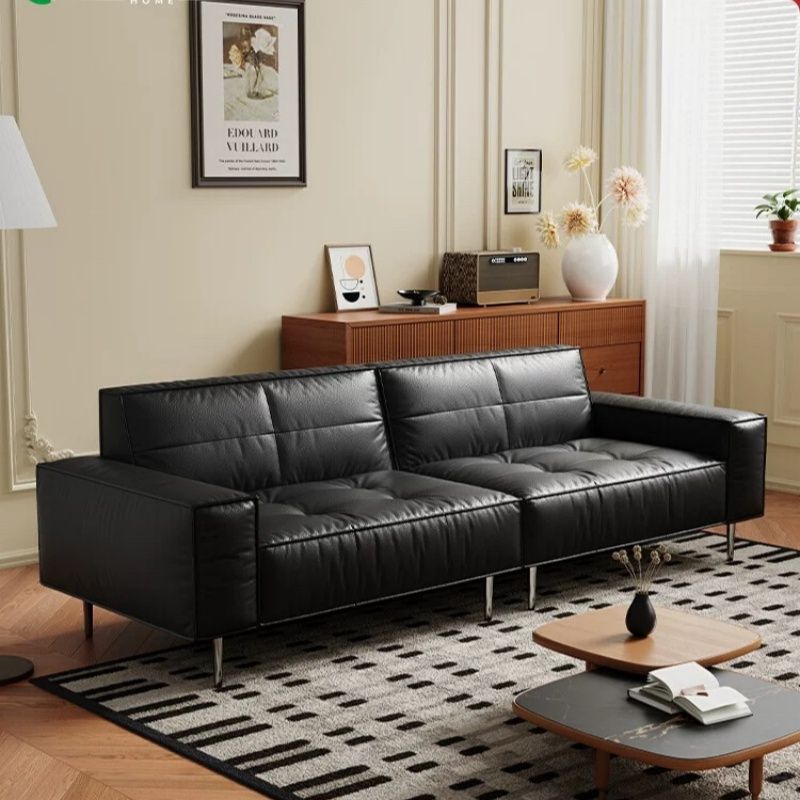 French Retro Oil Wax Leather Sofa Tofu Block Small Apartment Living Room Double or Three Person Straight Row American Casual Sofa
