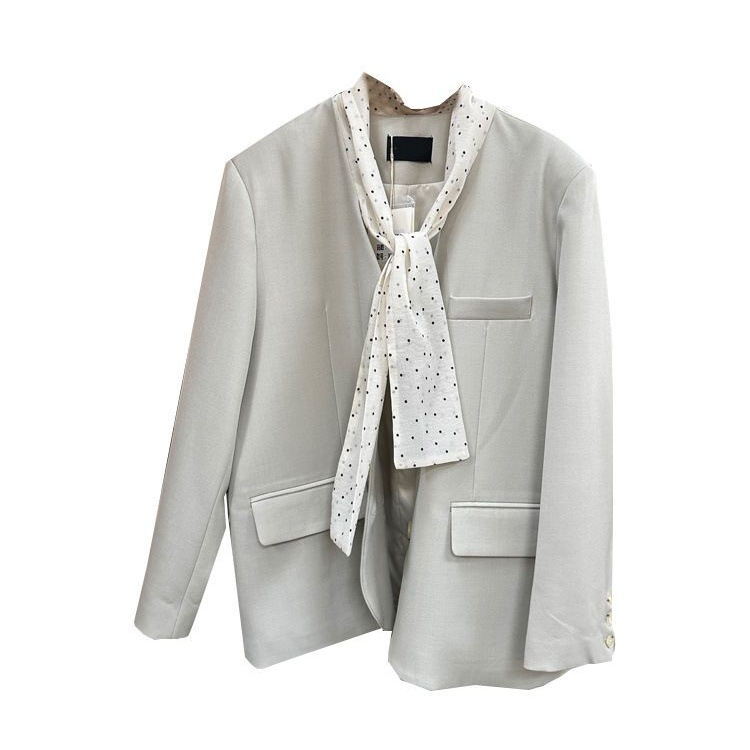 2026 Spring Commuting Women's Blazer Korean Style Loose Fit With Polka Dot Scarf Mid-Length Elegant Versatile Coat_ecoleips.com