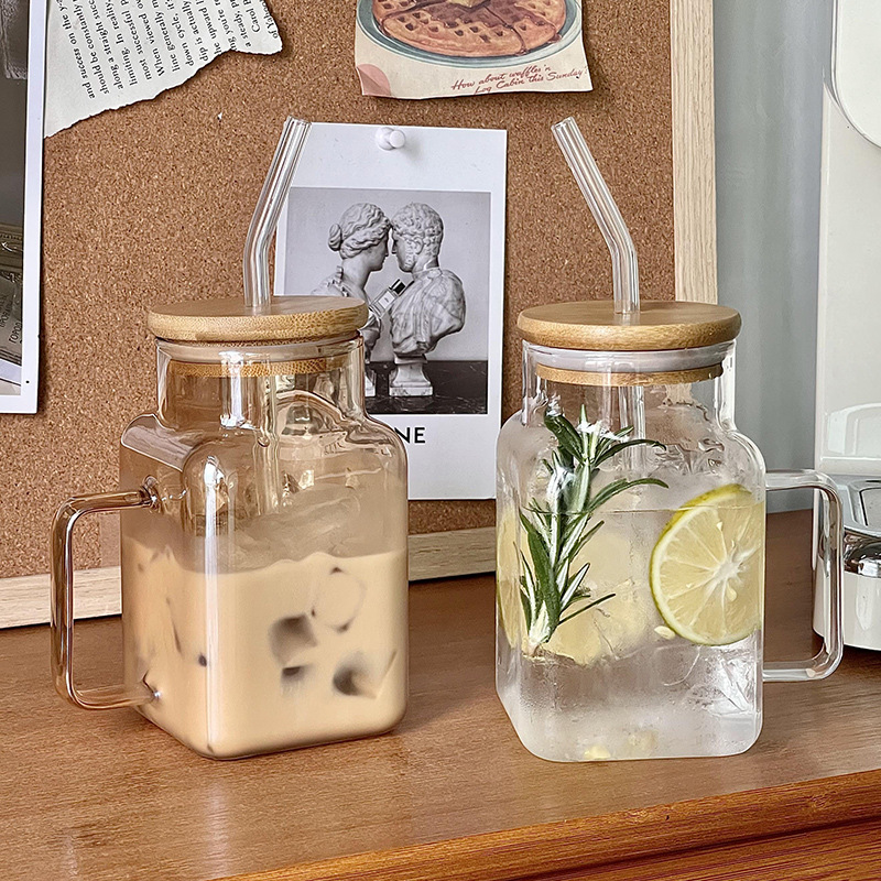 Taza de vidrio de alto silicio con tapa, taza de jugo de limón, taza de paja de vidrio cuadrada transparente, taza de vidrio de gran capacidad con mango