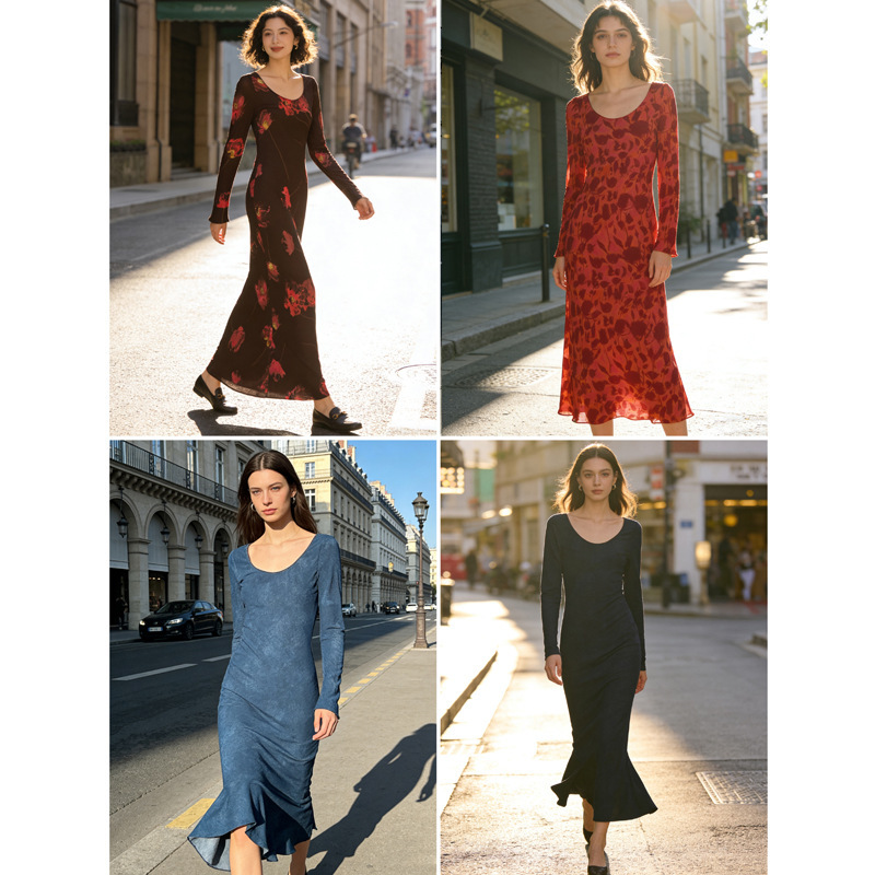 Re 2026 Spring/Summer New Women's Fashion Long Sleeve Printed Slimming Atmosphere-Enhancing Lazy Style Long Dress Re 2026 Spring/Summer New Women's Fashion Long Sleeve Printed Slimming Atmosphere-Enhancing Lazy Style Long Dress