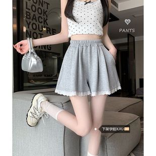 Korean Style Lace Stitching Casual Pants Women's Spring 2025 New Arrival High Waist Elegant All-Match Wide Leg Short Pants