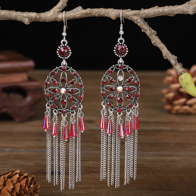 1 Pair Chinoiserie Tassel Flower Alloy Plating Inlay Artificial Diamond Women's Drop Earrings display picture 4