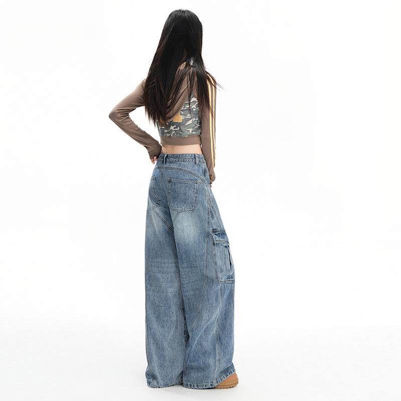 复古蓝工装牛仔裤女2025年秋季新款高腰直筒宽松显瘦百搭阔腿裤子|undefined