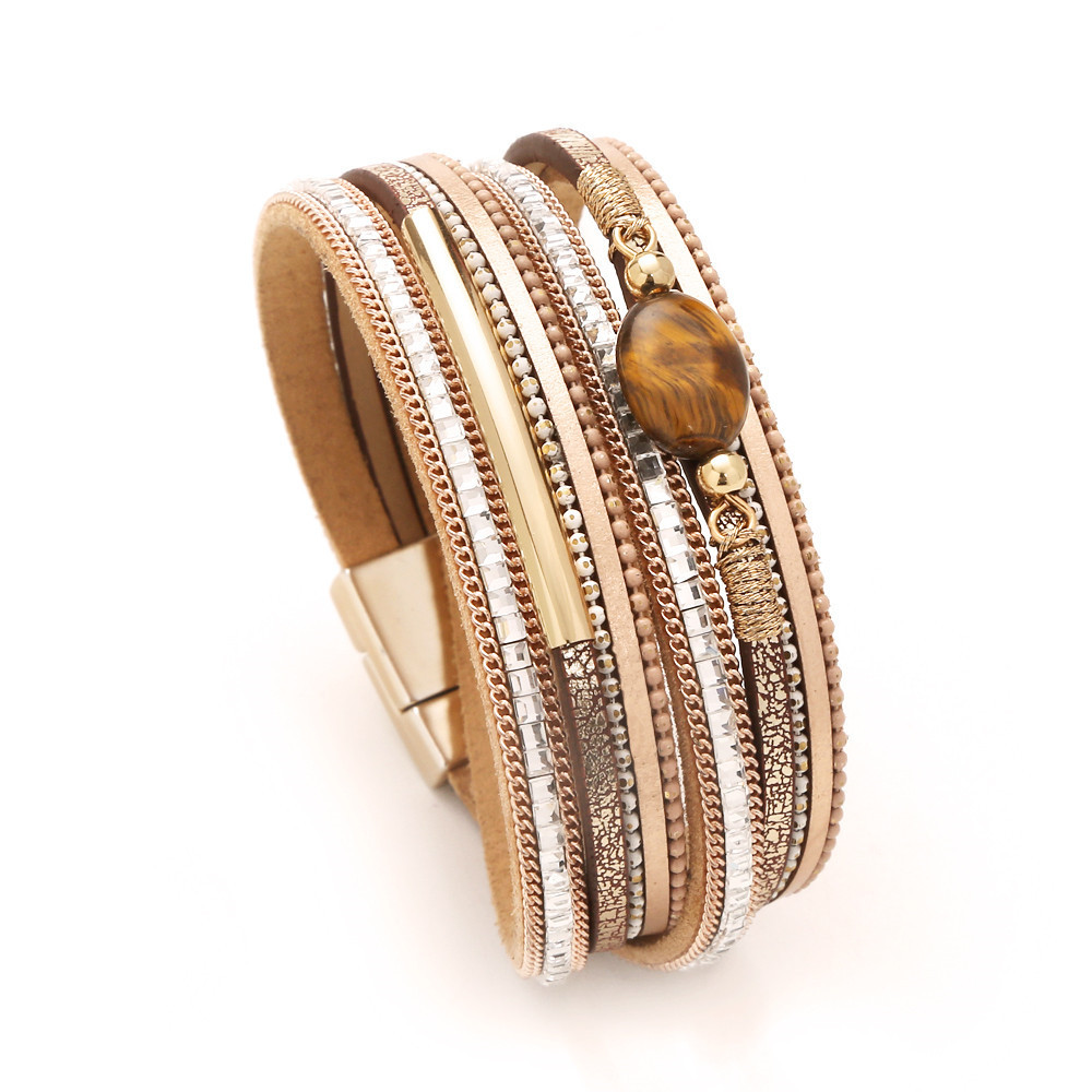 Pulsera de cuero tejido de cuero de cristal europeo y americano para mujer, pluma bohemia retro, turquesa, piedra triturada, pulsera de botón de imán