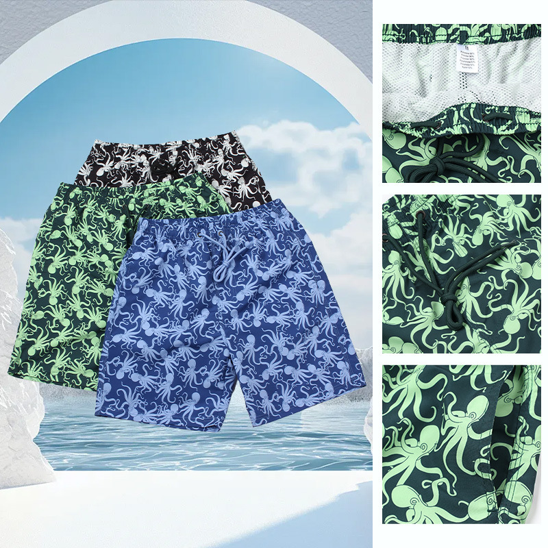 Manufacturer's Cross-Border Beach Shorts for Men, Quick-Drying, Five-Point Length, Casual Sports Octopus Print Style, Loose Fit