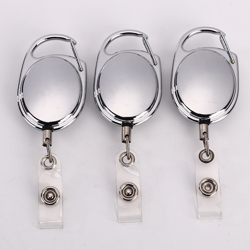 SOURCE manufacturer Oval all-metal zinc alloy bright chrome retractable buckle easy pull certificate factory card keychain