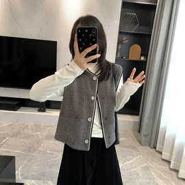 麻料小香风2026秋季新款简约亚麻编织圆领无袖马夹马甲上衣女