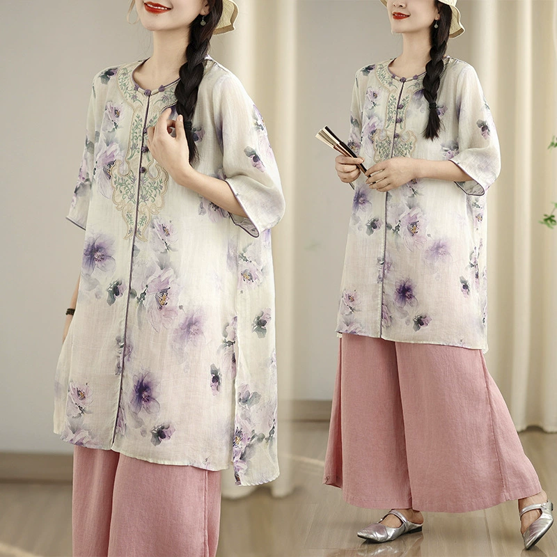 2025 новый летний стиль ретро этнический стиль улучшенная литературная вышивка средней длины свободная повседневная рубашка с принтом топ