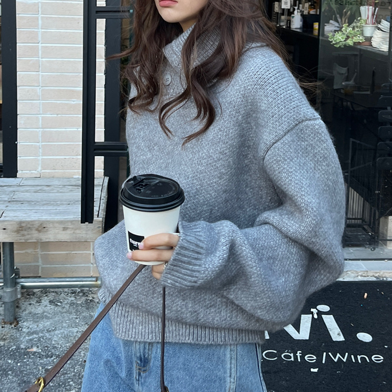 韩系宽松灰色加厚毛衣女新款秋季设计感纽扣半开领针织衫上衣外贸|undefined