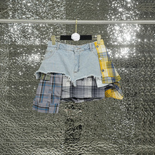 欧美设计师款重工牛仔短裙女夏季新款格子拼接撞色不规则半身裙潮