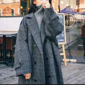 2026秋冬新款韩版中长款过膝毛呢大衣女气质宽松格子呢子外套潮