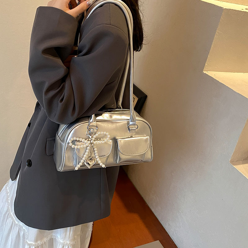 Korean Niche Patchwork Shoulder Bag For Women 2025 New Bowling Bag Fashion Retro Versatile Boston Underarm Bag - Thumbnail 2