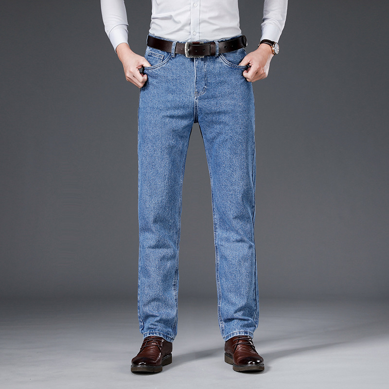 Plaid Cotton Workplace Elite Jeans Autumn Blue Classic High Waist High Quality Men's Clothing Middle-Aged Men's Jeans