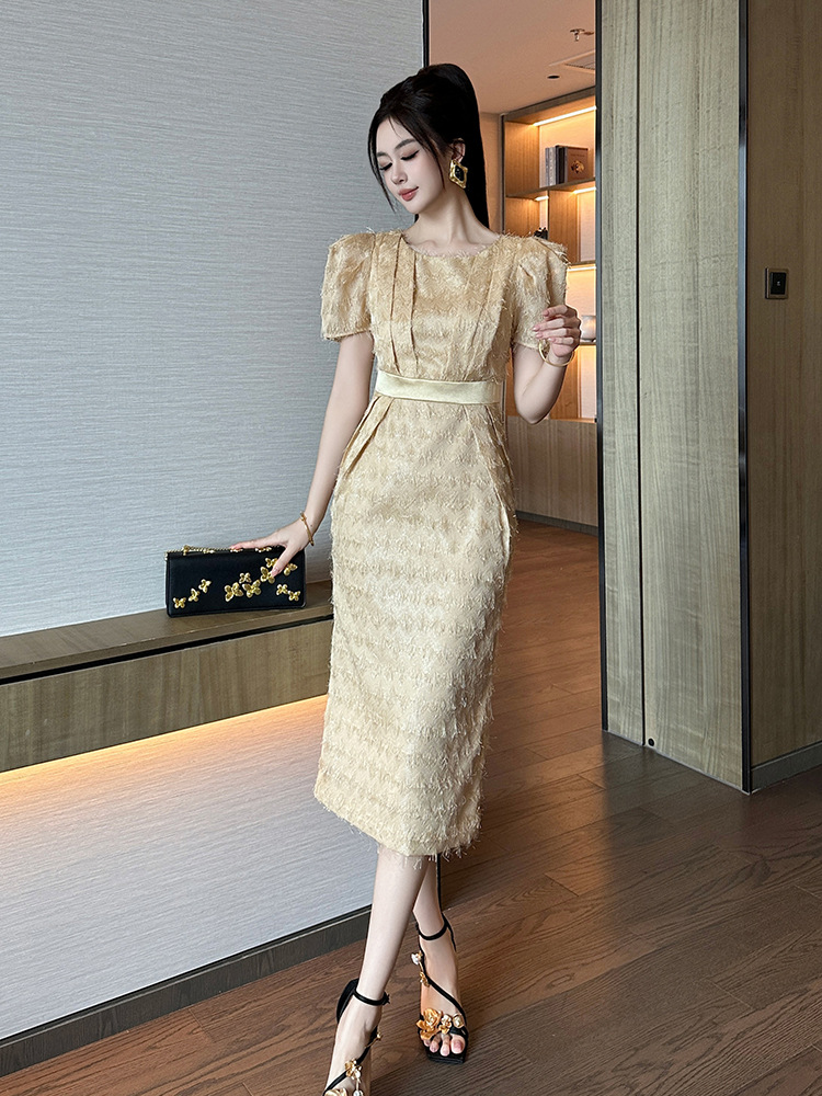 Váy ngắn tay phong cách Pháp dáng suông eo thon cho nữ mùa hè — sâm panh